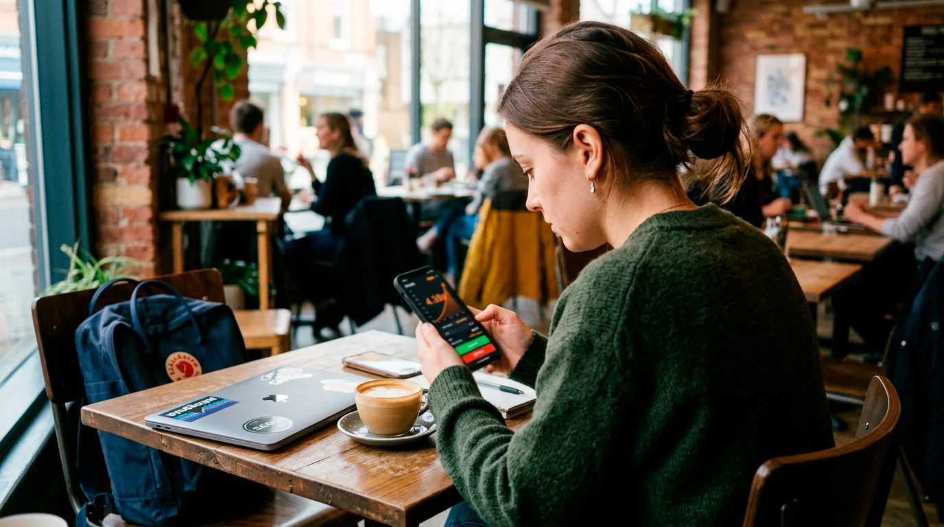 Young adult playing a crash game on mobile phone in casual setting